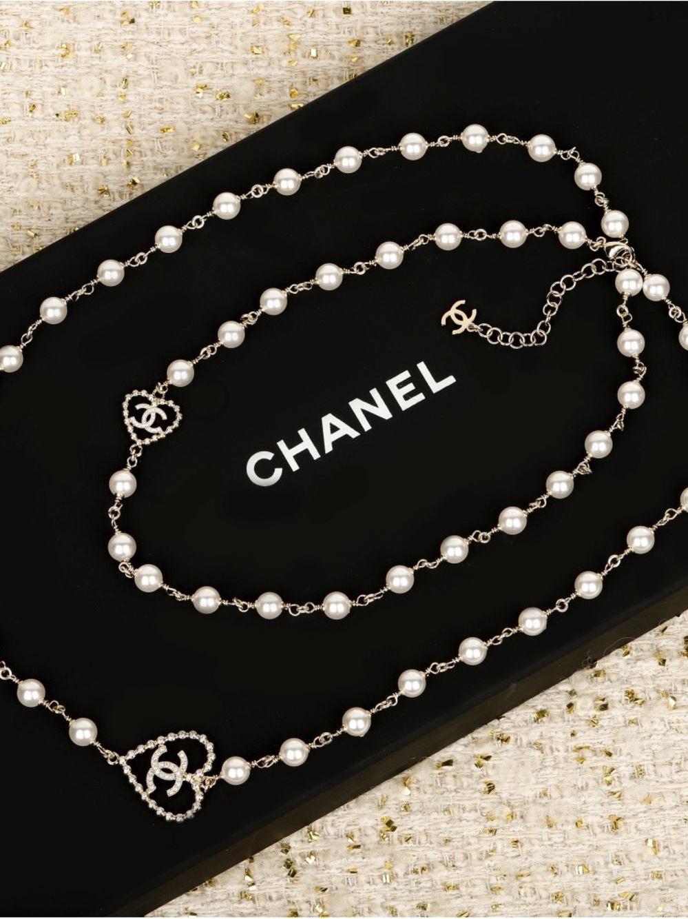 Chanel Silver-Tone Pearl Heart CC Long Necklace